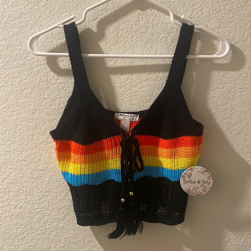 Rainbow crochet black crop top 100% acrylic NEW